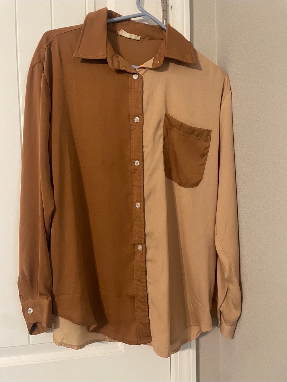 Altar'd State Two-Tone Button Front Shirt in Brown and Tan